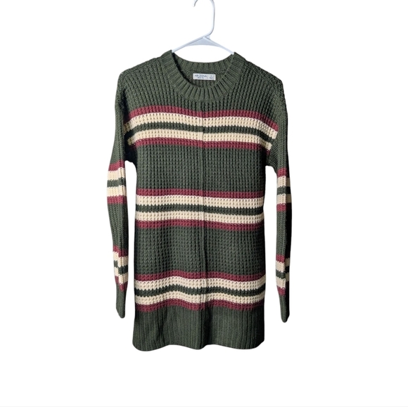 New Arizona Jean Co Olive Green Cream Maroon Red Striped Sweater Holiday Crew - Picture 5 of 11